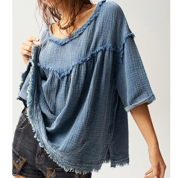 Boho Vintage Wash Blue V neck Frayed Oversized Top - Picture 1 of 7